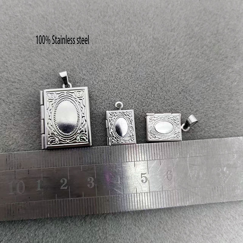 Jewelry Making Guide Book - 10pc DIY 彫刻小さなブックロケットステンレス鋼ペンダント正方形フォトフレームチャーム男性女性家族の思い出ジュエリー
