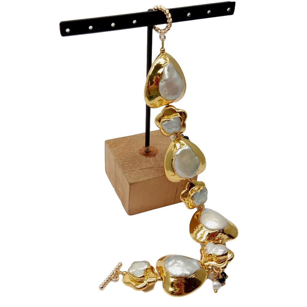 Toggle Clasp Gold - YYGEM 天然ハートと花の形のホワイトケシパール、ゴールド電気メッキラップブレスレット付き 9 インチ トグルクラスプ クラススタイル