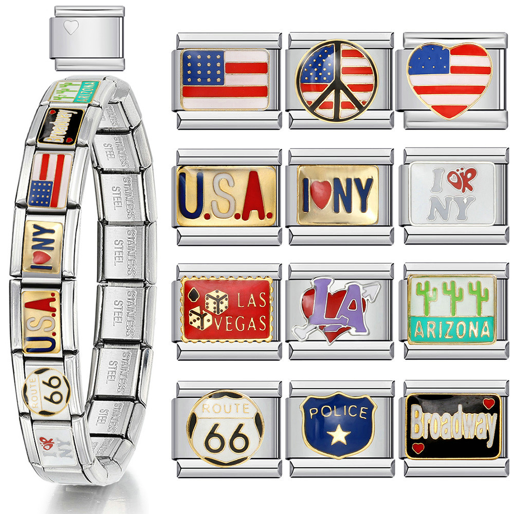 Jewelry Making York - イタリアのステンレス鋼のチャームブレスレット,伸縮性のあるリンクチェーン,ジュエリーアクセサリー,DIY,y2k,la,ニューヨークの旗,米国,排他的,1個