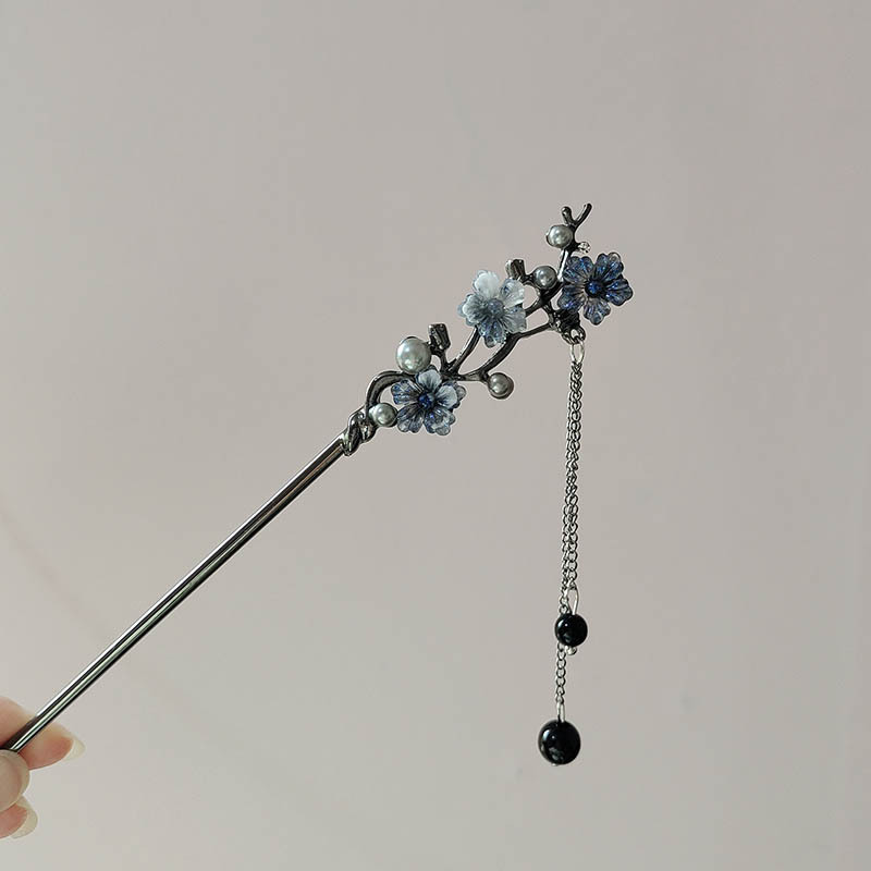 Jewelry Making Metals - クラシックヘアスティック箸インクカラーフラワーメタルフリンジヘアピン女性用パールブラックビーズチャイナヘアバンジュエリーギフト